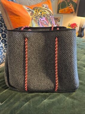 Annabel Ingall Charcoal Neoprene Tote with Neon Coral Rope Trim